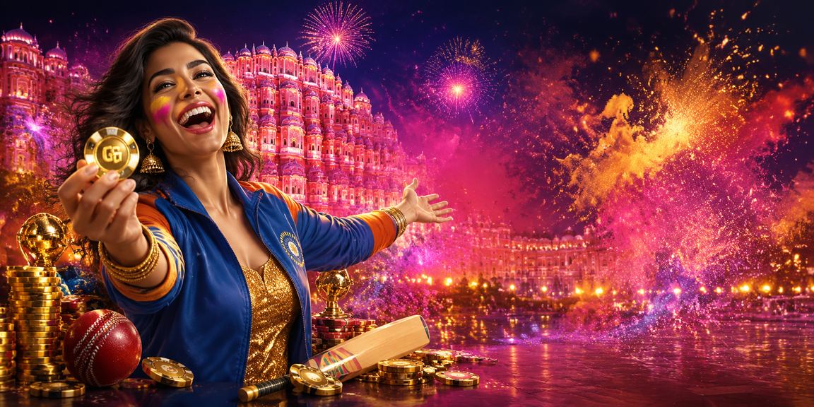 Rummy players celebrating Holi festival in Jaipur with colorful cards